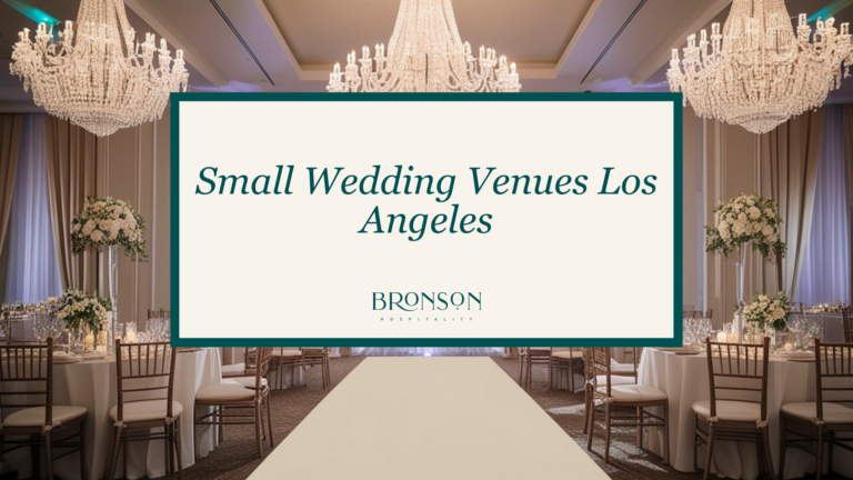 Banner reading 'Small Wedding Venues Los Angeles' over a chandelier-lit wedding reception backdrop.
