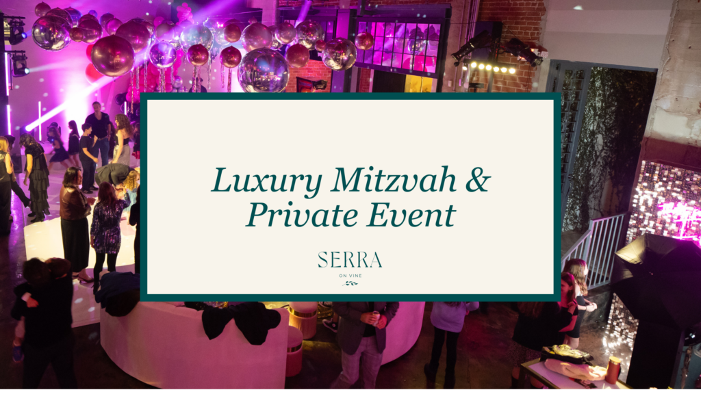 Promotional banner for a luxury mitzvah and private event by Serra on Vine in a vibrant party venue with purple lighting and balloons