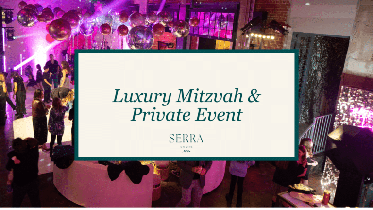 Promotional banner for a luxury mitzvah and private event by Serra on Vine in a vibrant party venue with purple lighting and balloons